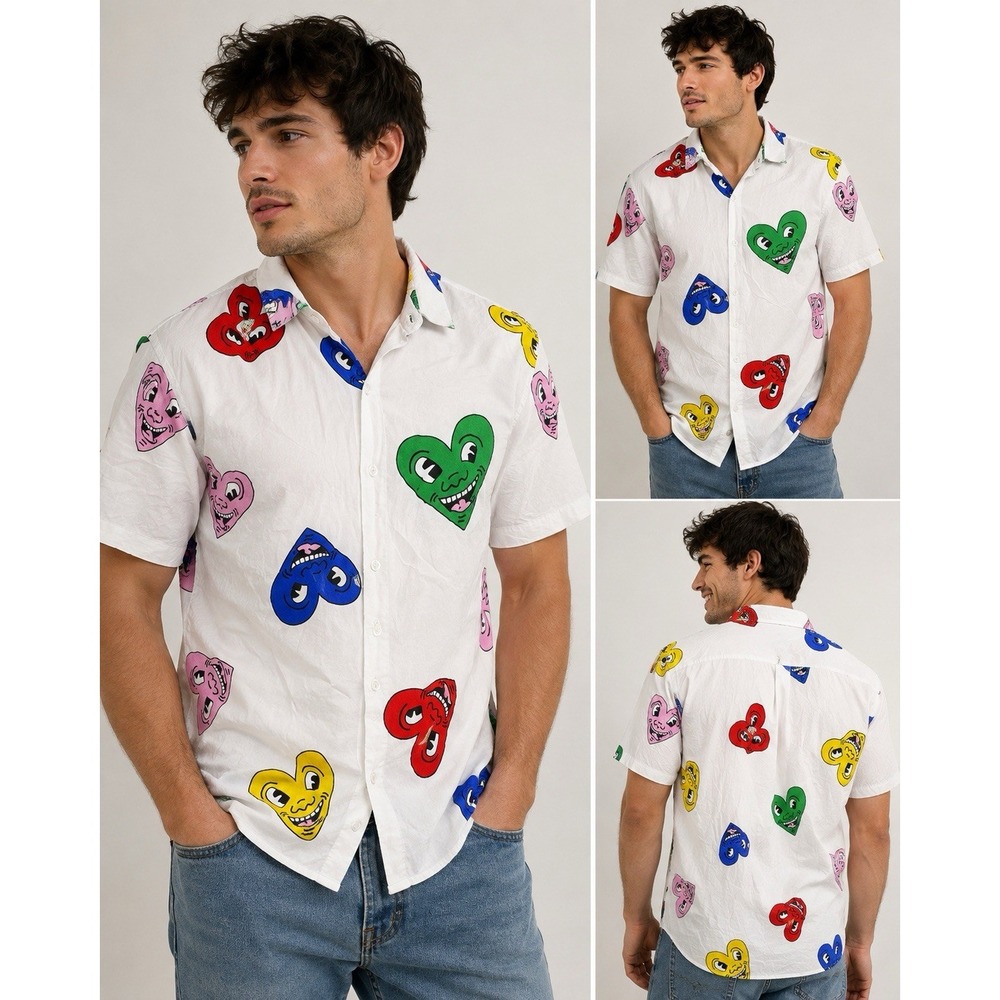 Keith Haring Shirt Mens M Heart Face Graphic Button Up Short Sleeve Art Print